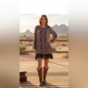 Buddy Love Shift Dress Large Tassel Fringe Hem Balloon Long Sleeve Boho Kelly L